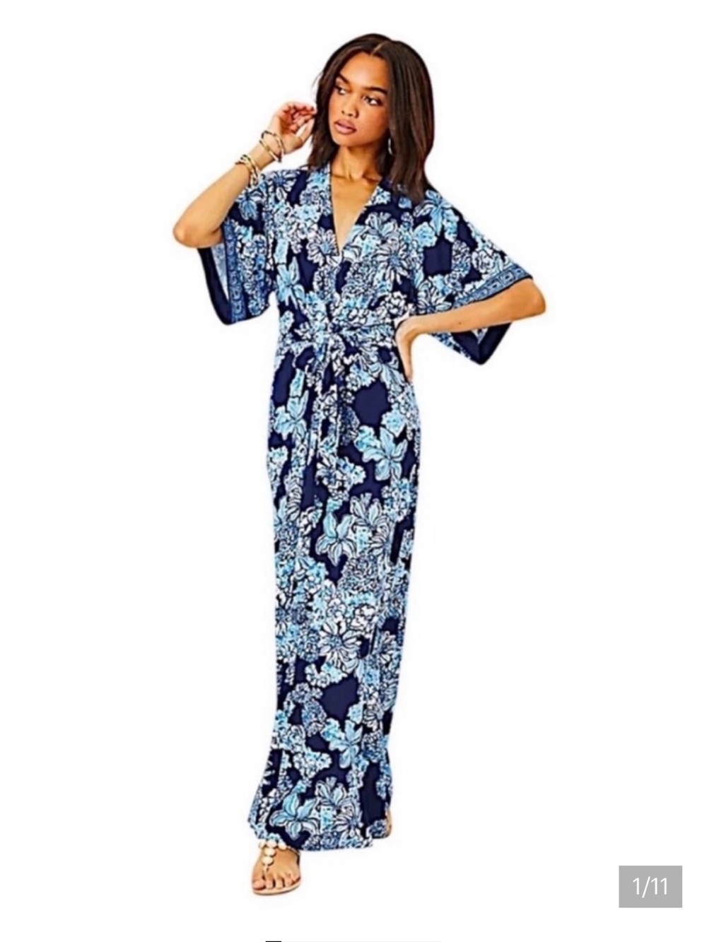 Lilly Pulitzer Wisteria elbow sleeve Maxi Dress in Low Tide Navy Bouquet all Day - Picture 2 of 13